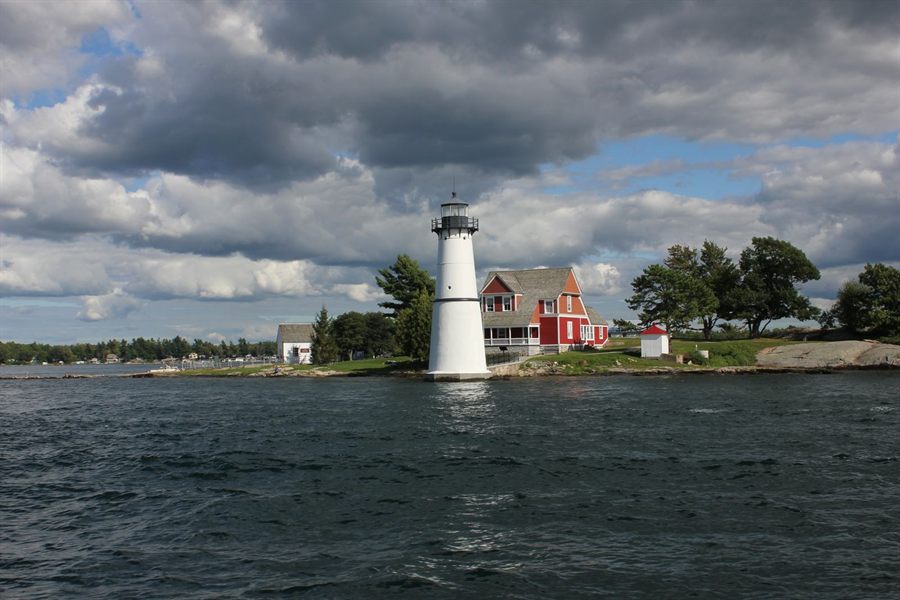 Rock Island Lighthouse in the Thousand Islands under a stormy sky