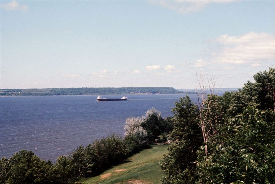 A cargo ship on the wide St. Lawrence River seen from a wooded bank