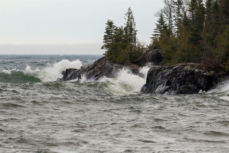 Waves breaking on a rocky, pine-covered point on Lake Superior