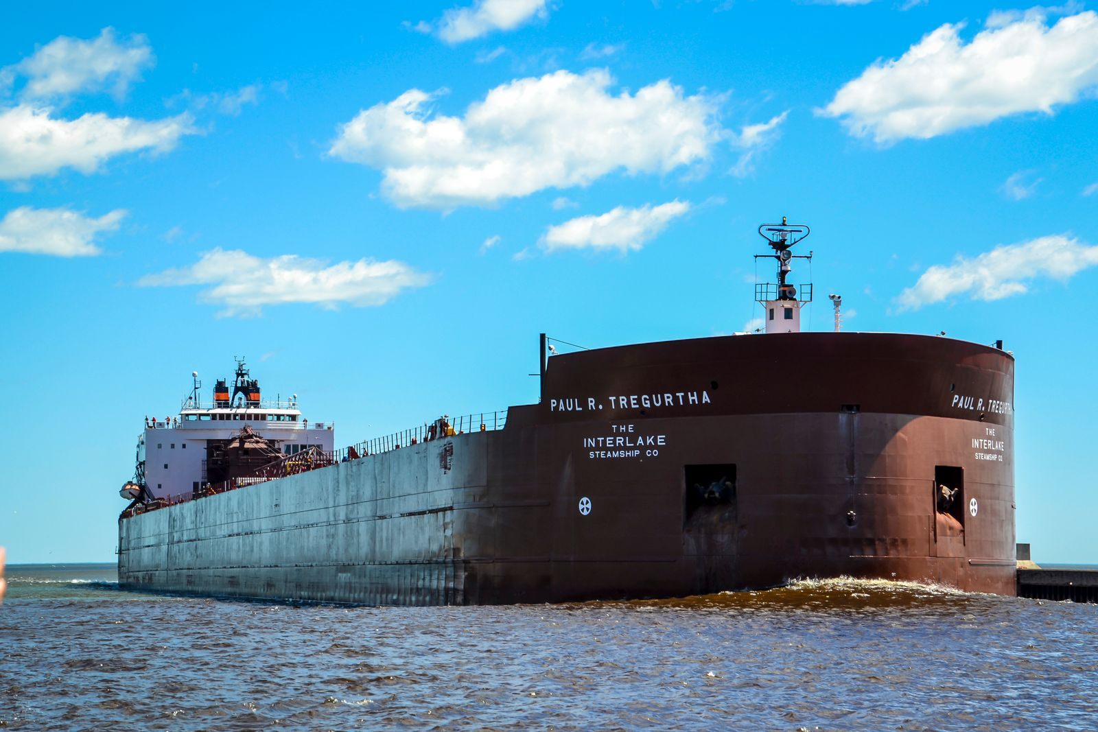 A long Great Lakes freighter under way on Lake Superior near Duluth